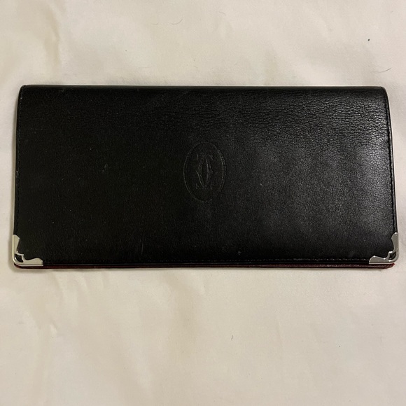 Cartier Calfskin Black long wallet w maroon inside, silver scroll on corners - Picture 2 of 10